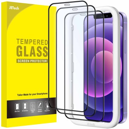 JETech Full Coverage Screen Protector for iPhone 12 mini 5.4-Inch, Black Edge Tempered Glass Film with Easy Installation Tool, Case-Friendly, HD Clear, 3-Pack