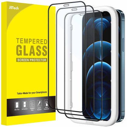JETech Full Coverage Screen Protector for iPhone 12/12 Pro 6.1-Inch, Black Edge Tempered Glass Film with Easy Installation Tool, Case-Friendly, HD Clear, 3-Pack