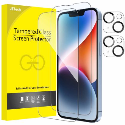 JETech Full Coverage Screen Protector for iPhone 14 Plus 6.7-Inch with Camera Lens Protector, Tempered Glass Film, HD Clear, 2-Pack Each