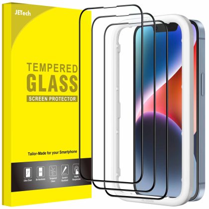 JETech Full Coverage Screen Protector for iPhone 16e 2025, iPhone 14 6.1-Inch, Black Edge Tempered Glass Film with Easy Installation Tool, Case-Friendly, HD Clear, 3-Pack