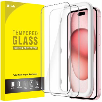 JETech Screen Protector for iPhone 15 6.1-Inch, Bubble Free, Tempered Glass Film with Easy Installation Tool, Case-Friendly, HD Clear, 2-Pack