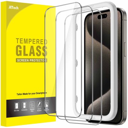 JETech Screen Protector for iPhone 15 Pro 6.1-Inch, Tempered Glass Film with Easy Installation Tool, Case-Friendly, HD Clear, 3-Pack