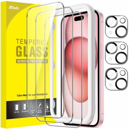 JETech Screen Protector for iPhone 15 6.1-Inch with Camera Lens Protector, Bubble Free, Easy Installation Tool, Tempered Glass Film, HD Clear, 3-Pack Each
