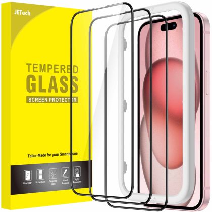 JETech Full Coverage Screen Protector for iPhone 15 Plus 6.7-Inch, Black Edge Tempered Glass Film with Easy Installation Tool, Case-Friendly, HD Clear, 3-Pack