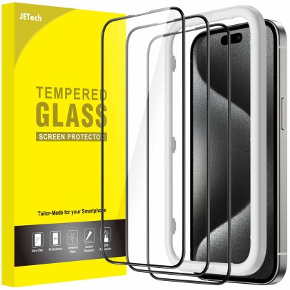 JETech Full Coverage Screen Protector for iPhone 15 Pro 6.1-Inch, Black Edge Tempered Glass Film with Easy Installation Tool, Case-Friendly, HD Clear, 3-Pack