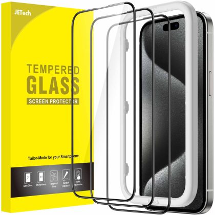 JETech Full Coverage Screen Protector for iPhone 15 Pro Max 6.7-Inch, Black Edge Tempered Glass Film with Easy Installation Tool, Case-Friendly, HD Clear, 3-Pack