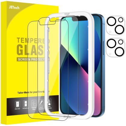 JETech Screen Protector and Camera Lens Protector Compatible with iPhone 13 6.1-Inch (Not for iPhone 13 Pro) with Easy-Installation Tool, Tempered Glass Film, 2-Pack Each