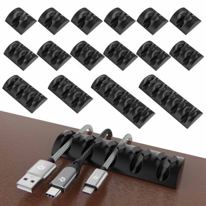 Rankie Cable Clips, Self Adhesive Cord Holders, Cord Organizers, Cable Management for Household and Office Uses, 16-Pack, Black