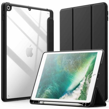 JETech Case for iPad 9.7-Inch (6th/5th Generation, 2018/2017) with Pencil Holder, Clear Transparent Back Shell Slim Stand Shockproof Tablet Cover, Auto Wake/Sleep