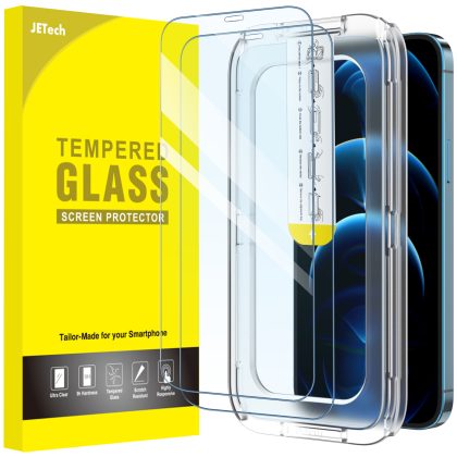 JETech One Touch Install Screen Protector for iPhone 12 Pro Max 6.7-Inch, Full Coverage Tempered Glass Film, Auto Alignment Tool Kit, HD Clear, 2-Pack