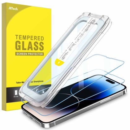 JETech One Touch Install Screen Protector for iPhone 14 Pro Max 6.7-Inch, Full Coverage Tempered Glass Film, Auto Alignment Tool Kit, HD Clear, 2-Pack