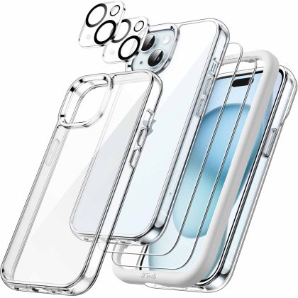 JETech 5 in 1 Case for iPhone 15 Plus 6.7-Inch with 2-Pack Each Tempered Glass Screen Protector and Camera Lens Protector, Non-Yellowing Shockproof Bumper Phone Cover