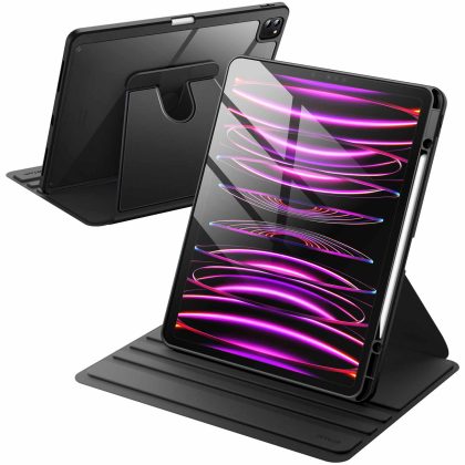 JETech Rotating Case for iPad Pro 12.9-Inch (2022/2021/2020/2018) with Pencil Holder, 360 Degree Rotation Protective Stand Cover Clear Back, Auto Wake/Sleep
