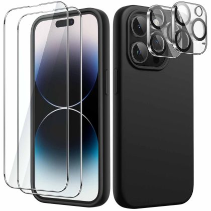 JETech 5 in 1 Silicone Case for iPhone 14 Pro Max 6.7-Inch, with 2-Pack Screen Protector and 2-Pack Camera Lens Protector, Full Coverage Tempered Glass Film, Shockproof Phone Cover