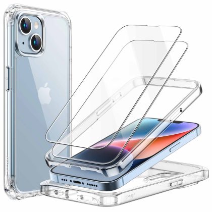 JETech Case for iPhone 14 6.1-Inch with 2-Pack Tempered Glass Screen Protector, 360 Full Body Shockproof Bumper Phone Cover Protective Clear Back