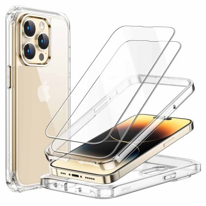JETech Case for iPhone 14 Pro 6.1-Inch with 2-Pack Tempered Glass Screen Protector, 360 Full Body Shockproof Bumper Phone Cover Protective Clear Back