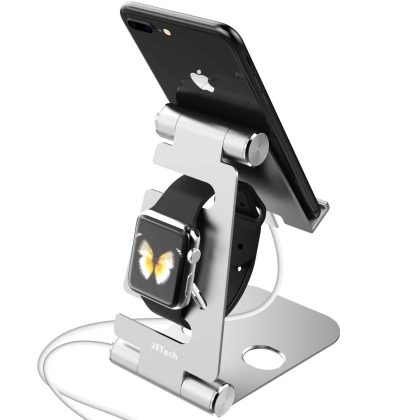 JETech 2-in-1 Aluminum Stand Compatible with Smartphones and Apple Watch, Foldable Holder, Multi-Angle Desktop Cradle, Adjustable Charging Dock - Silver