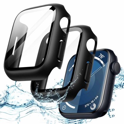 JETech Waterproof Case with Screen Protector for Apple Watch Series 9 8 7 41mm, Built-in Tempered Glass Film Hard PC Bumper Full Protective Cover, 2 Pack