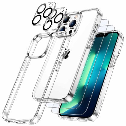 JETech 5 in 1 Case for iPhone 13 Pro Max 6.7-Inch, with 2-Pack Screen Protector and Camera Lens Protector, Non-Yellowing Shockproof Bumper Phone Cover, Full Coverage Tempered Glass Film