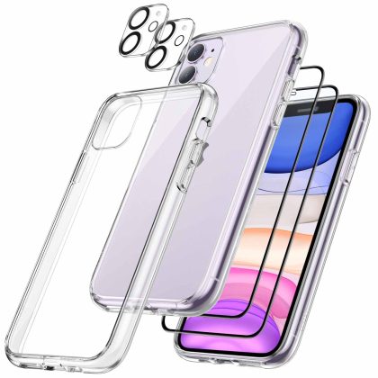 JETech 5 in 1 Case for iPhone 11 6.1-Inch, with 2-Pack Screen Protector and 2-Pack Camera Lens Protector, Non-Yellowing Shockproof Bumper Phone Cover, Full Coverage Tempered Glass Film