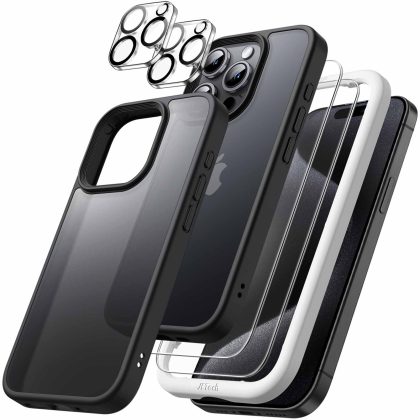 JETech 5 in 1 Matte Case for iPhone 15 Pro Max 6.7-Inch with 2-Pack Each Tempered Glass Screen Protector and Camera Lens Protector, Translucent Back Shockproof Phone Cover