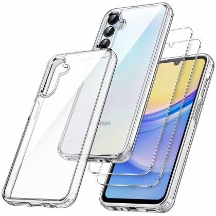 JETech 3 in 1 Case for Samsung Galaxy A15 5G / 4G 6.5-Inch, with 2-Pack Screen Protector, Tempered Glass Film, Shockproof Bumper Phone Protective Cover Clear Back