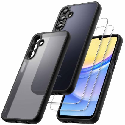 JETech 3 in 1 Matte Case for Samsung Galaxy A15 5G with 2-Pack Tempered Glass Screen Protector, Translucent Frosted Shockproof Phone Cover with Camera Protection