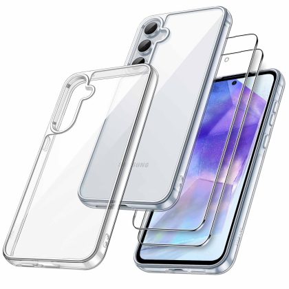 JETech 3 in 1 Case for Samsung Galaxy A55 5G, with 2-Pack Screen Protector, Tempered Glass Film, Shockproof Bumper Phone Protective Cover Clear Back