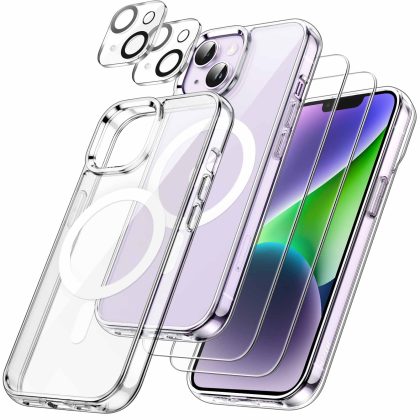 JETech 5 in 1 Magnetic Case for iPhone 14 Plus 6.7-Inch with 2-Pack Tempered Glass Screen Protector and Camera Lens Protector, Compatible with MagSafe, Shockproof Bumper Phone Cover