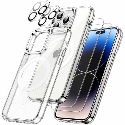 JETech 5 in 1 Magnetic Case for iPhone 14 Pro 6.1-Inch with 2-Pack Tempered Glass Screen Protector and Camera Lens Protector, Compatible with MagSafe, Shockproof Bumper Phone Cover