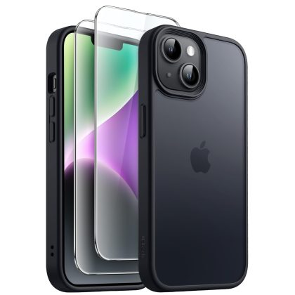JETech 3 in 1 Matte Case for iPhone 14 6.1-Inch with 2-Pack Tempered Glass Screen Protector, Translucent Frosted Shockproof Phone Cover
