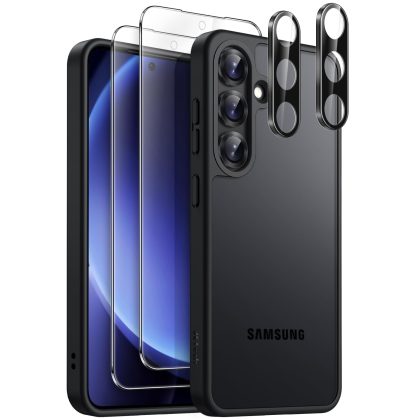 JETech 5 in 1 Matte Case for Samsung Galaxy S25  / S25 Plus 5G with 2-Pack Each Screen Protector and Camera Lens Protector, Translucent Back Phone Cover, Tempered Glass Film