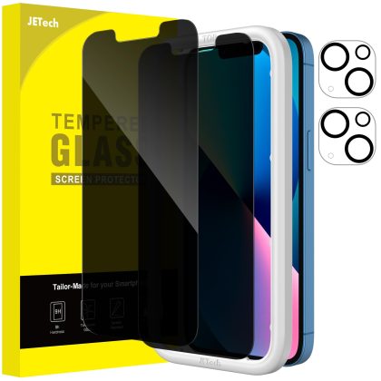 JETech Privacy Screen Protector for iPhone 13 6.1-Inch with Camera Lens Protector (Not for iPhone 13 Pro), Anti-Spy Tempered Glass Film, Easy Installation Tool, 2-Pack Each
