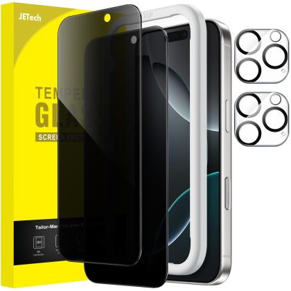 JETech Privacy Screen Protector for iPhone 16 Pro 6.3-Inch with Camera Lens Protector, Anti-Spy Tempered Glass Film, Easy Installation Tool, 2-Pack Each