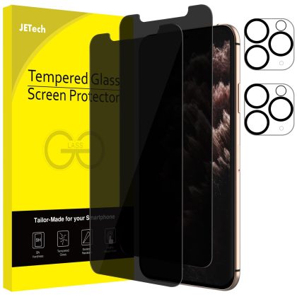 JETech Privacy Screen Protector and Camera Lens Protector Compatible with iPhone 11 Pro Max 6.5-Inch, Anti Spy Tempered Glass Film, 2-Pack Each