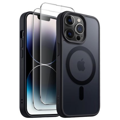 JETech 3 in 1 Magnetic Case for iPhone 14 Pro 6.1-Inch with 2-Pack Tempered Glass Screen Protector, Compatible with MagSafe, Translucent Matte Back Shockproof Phone Cover