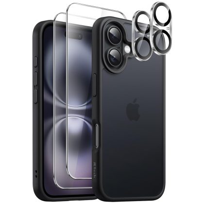 JETech 5 in 1 Matte Case for iPhone 16 6.1-Inch with 2-Pack Each Tempered Glass Screen Protector and Camera Lens Protector, Translucent Back Shockproof Phone Cover