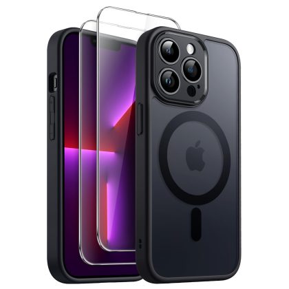 JETech 3 in 1 Magnetic Case for iPhone 13 Pro 6.1-Inch with 2-Pack Tempered Glass Screen Protector, Compatible with MagSafe, Translucent Matte Back Shockproof Phone Cover