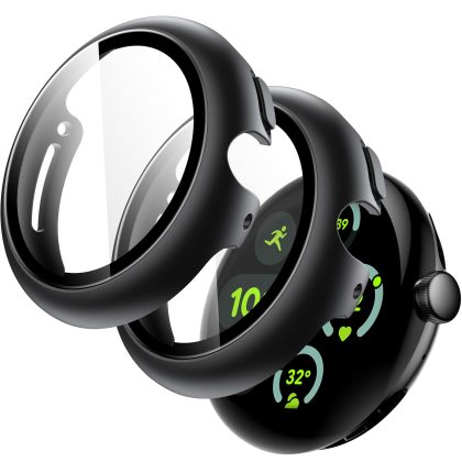 JETech Case with Screen Protector for Google Pixel Watch 2 (2023) / Pixel Watch (2022), Built-in 9H Tempered Glass Film Hard PC Bumper Full Coverage Protective Cover, 2-Pack