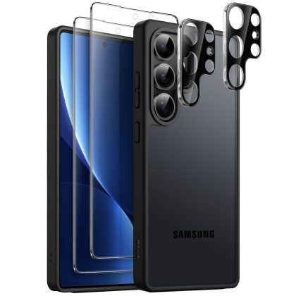 JETech 5 in 1 Matte Case for Samsung Galaxy S25 Ultra 5G with 2-Pack Each Screen Protector and Camera Lens Protector, Translucent Back Phone Cover, Tempered Glass Film