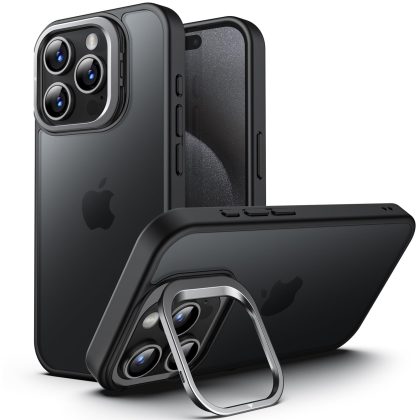 JETech Kickstand Case for iPhone 15 Pro Max 6.7-Inch, Built-in Adjustable Camera Stand, Military Grade Drop Protection, Frosted Translucent Matte Back Shockproof Phone Cover