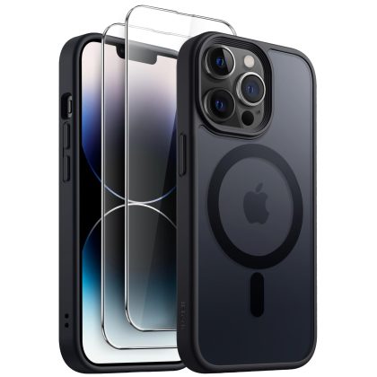 JETech 3 in 1 Magnetic Case for iPhone 14 Pro Max 6.7-Inch with 2 Pack Tempered Glass Screen Protectors, Compatible with MagSafe, Translucent Matte Back Shockproof Phone Cover