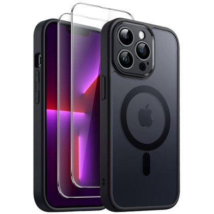 JETech 3 in 1 Magnetic Case for iPhone 13 Pro Max 6.7-Inch with 2 Pack Tempered Glass Screen Protectors, Compatible with MagSafe, Translucent Matte Back Shockproof Phone Cover