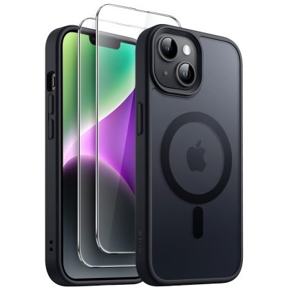 JETech 3 in 1 Magnetic Case for iPhone 14 Plus 6.7-Inch with 2 Pack Tempered Glass Screen Protectors, Compatible with MagSafe, Translucent Matte Back Shockproof Phone Cover