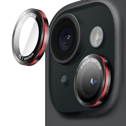 JETech Camera Lens Protector for iPhone 15 6.1-Inch and iPhone 15 Plus 6.7-Inch, 9H Tempered Glass Metal Individual Ring Cover, Two-Tone, Easy Installation Tray, HD Clear, 1 Set (Black Red)