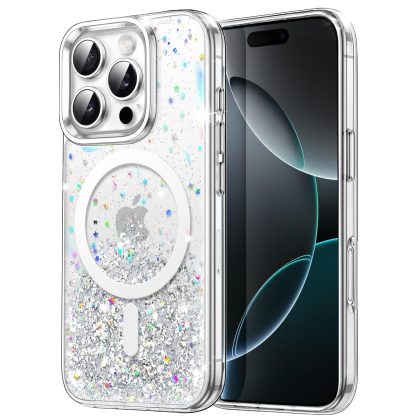 JETech Glitter Case for iPhone 16 Pro 6.3-Inch Compatible with MagSafe, Clear Cute Bling Sparkle for Women and Girls, Shiny Shockproof Magnetic Sparkly Phone Cover