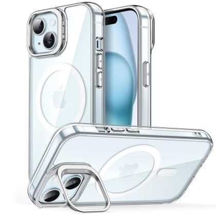 JETech Kickstand Case for iPhone 15 6.1-Inch Compatible with MagSafe, Built-in Camera Ring Stand, Shockproof Phone Bumper Cover, Magnetic Anti-Scratch Clear Back