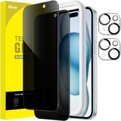 JETech Privacy Screen Protector for iPhone 15 Plus 6.7-Inch with Camera Lens Protector, Anti-Spy Tempered Glass Film, Easy Installation Tool, 2-Pack Each