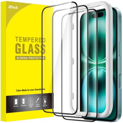 JETech Full Coverage Screen Protector for iPhone 16 Plus 6.7-Inch, Black Edge Tempered Glass Film with Easy Installation Tool, Case-Friendly, HD Clear, 3-Pack