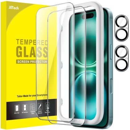 JETech Screen Protector for iPhone 16 Plus 6.7-Inch with Camera Lens Protector, Easy Installation Tool, Tempered Glass Film, HD Clear, 2-Pack Each